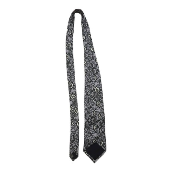 Silk Men’s Tie Black Charcoal Floral Pattern with Pins Flowers Punk Grunge - Picture 7 of 10